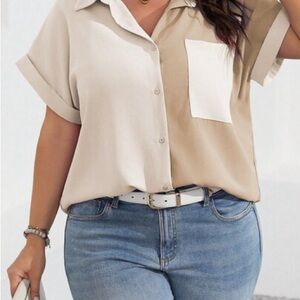 SHEIN Two-Tone Beige and White Button Down Shirt